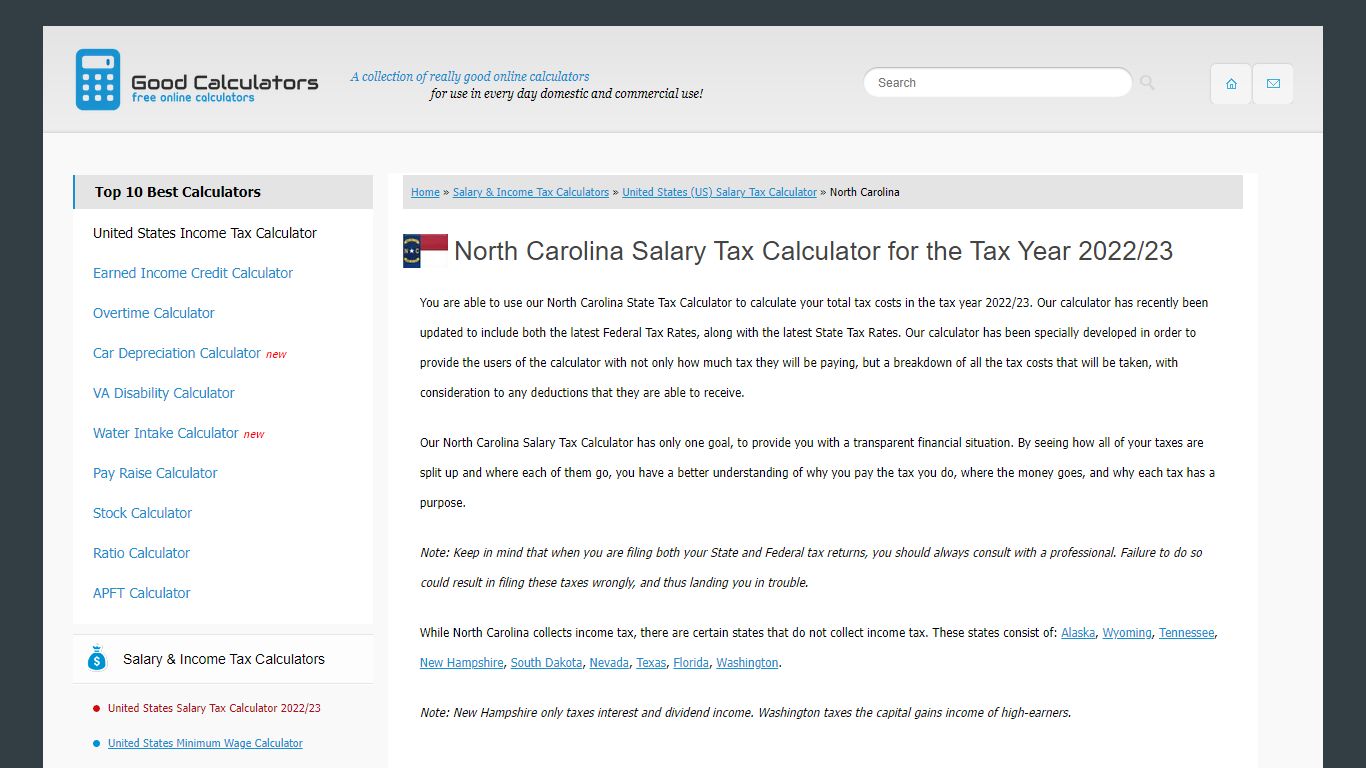 North Carolina State Tax Calculator - Good Calculators