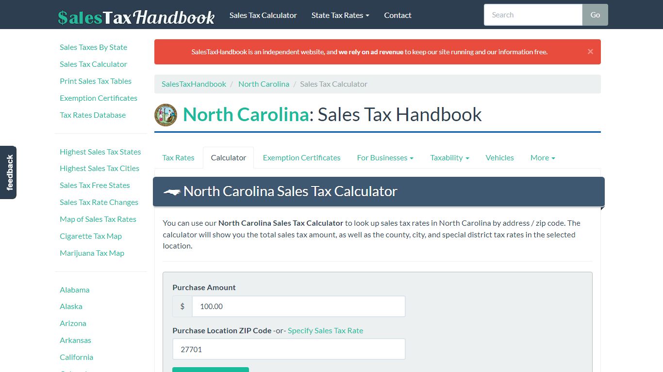 North Carolina Sales Tax Calculator - SalesTaxHandbook